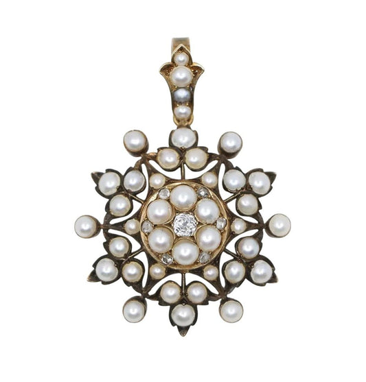 Victorian 14K Gold Pearl and Diamond Starburst Pendant