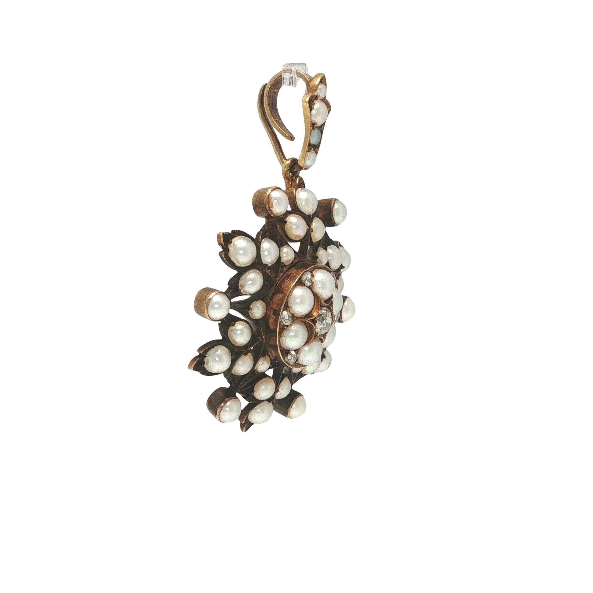 Victorian 14K Gold Pearl and Diamond Starburst Pendant