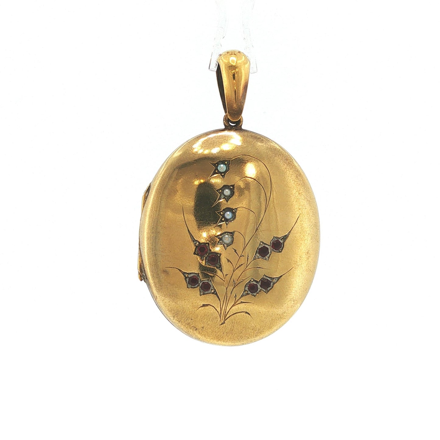 Victorian 14K Gold Seed Pearl & Antique-Cut Red Stone Locket Pendant