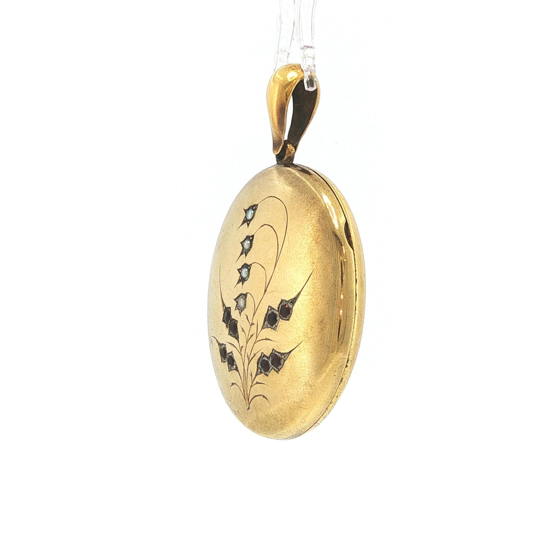 Victorian 14K Gold Seed Pearl & Antique-Cut Red Stone Locket Pendant