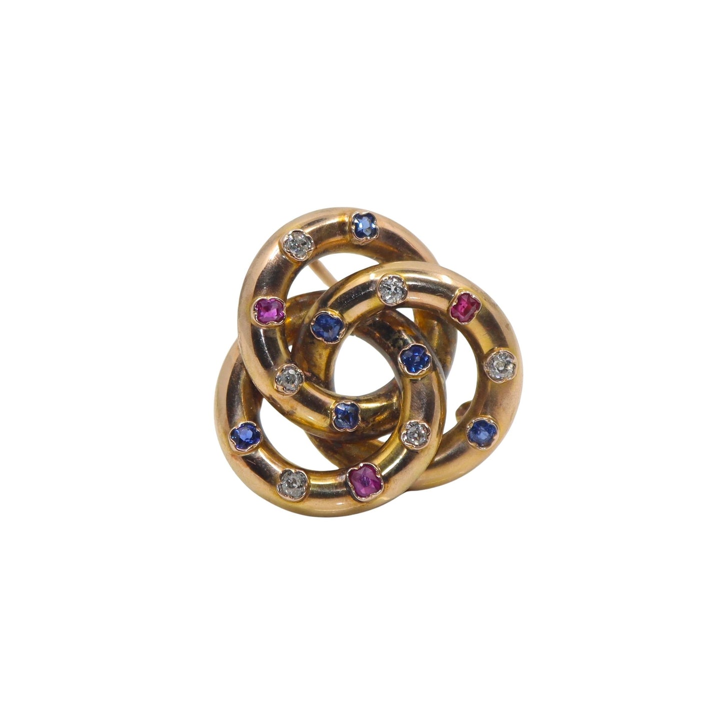 VICTORIAN 14K GOLD RUBY, SAPPHIRE AND DIAMOND TRINITY KNOT BROOCH
