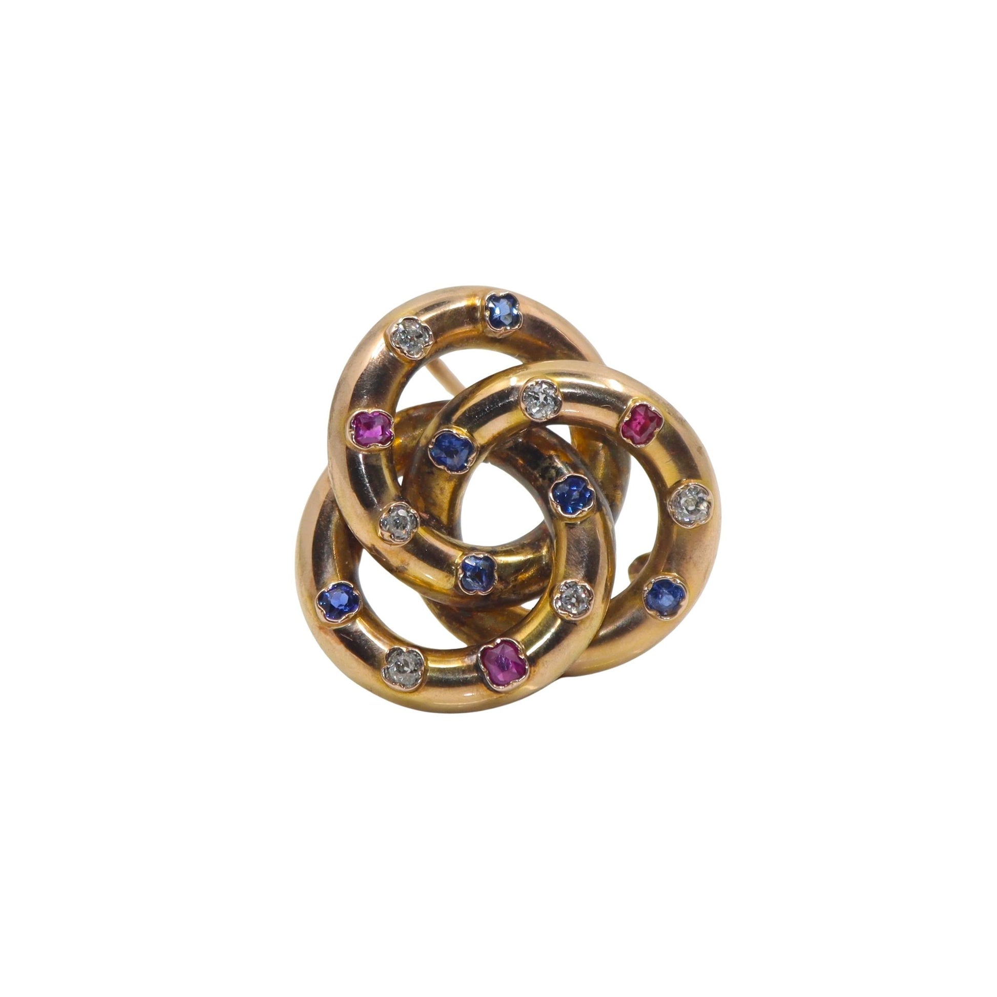 VICTORIAN 14K GOLD RUBY, SAPPHIRE AND DIAMOND TRINITY KNOT BROOCH