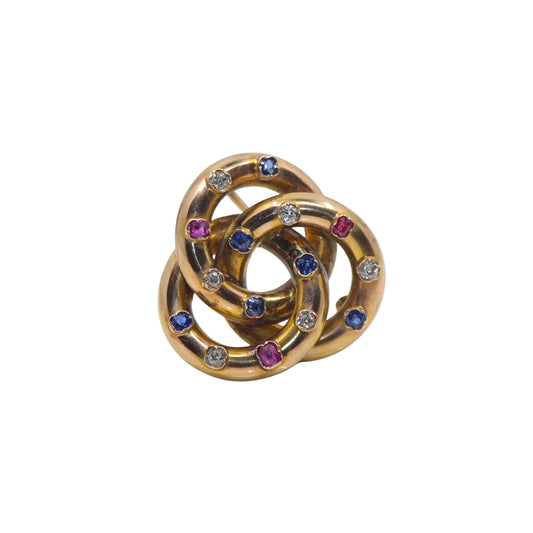 VICTORIAN 14K GOLD RUBY, SAPPHIRE AND DIAMOND TRINITY KNOT BROOCH