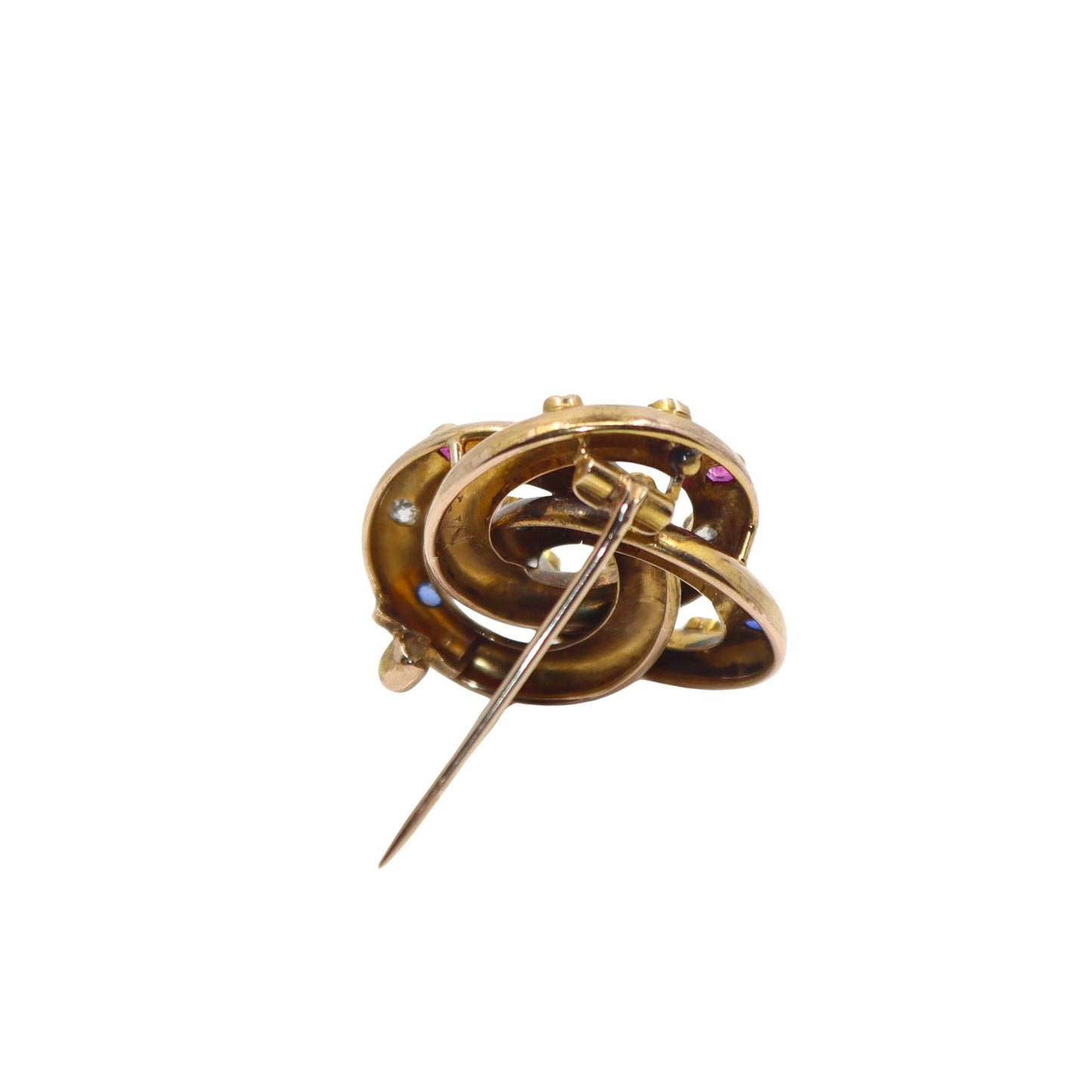 VICTORIAN 14K GOLD RUBY, SAPPHIRE AND DIAMOND TRINITY KNOT BROOCH