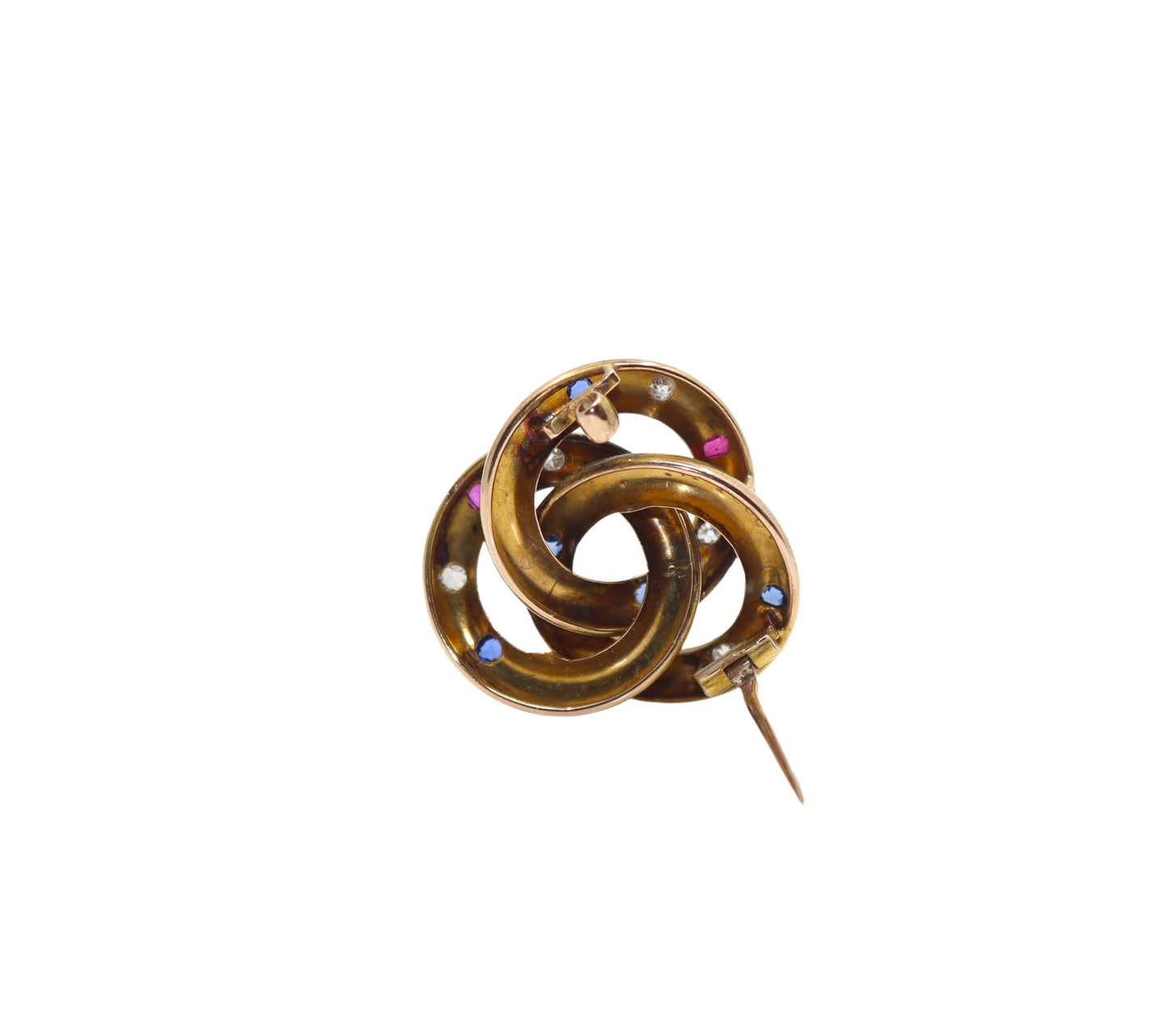 VICTORIAN 14K GOLD RUBY, SAPPHIRE AND DIAMOND TRINITY KNOT BROOCH
