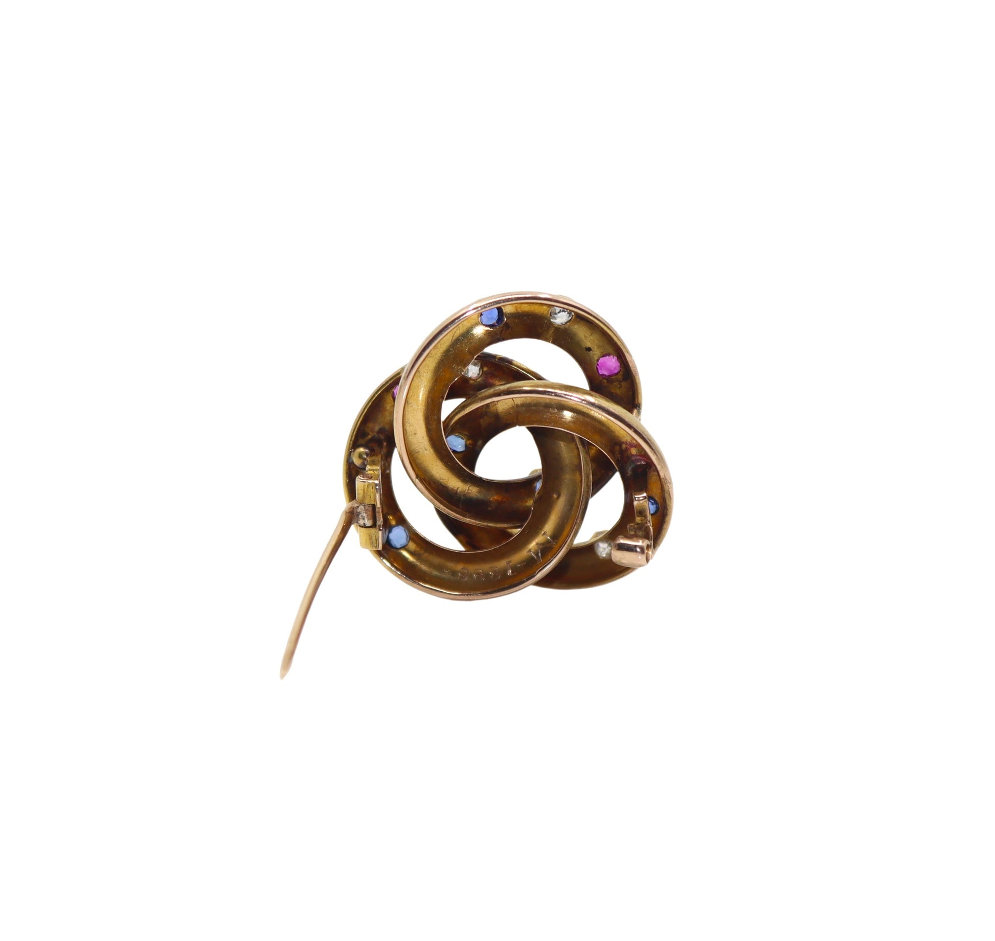 VICTORIAN 14K GOLD RUBY, SAPPHIRE AND DIAMOND TRINITY KNOT BROOCH