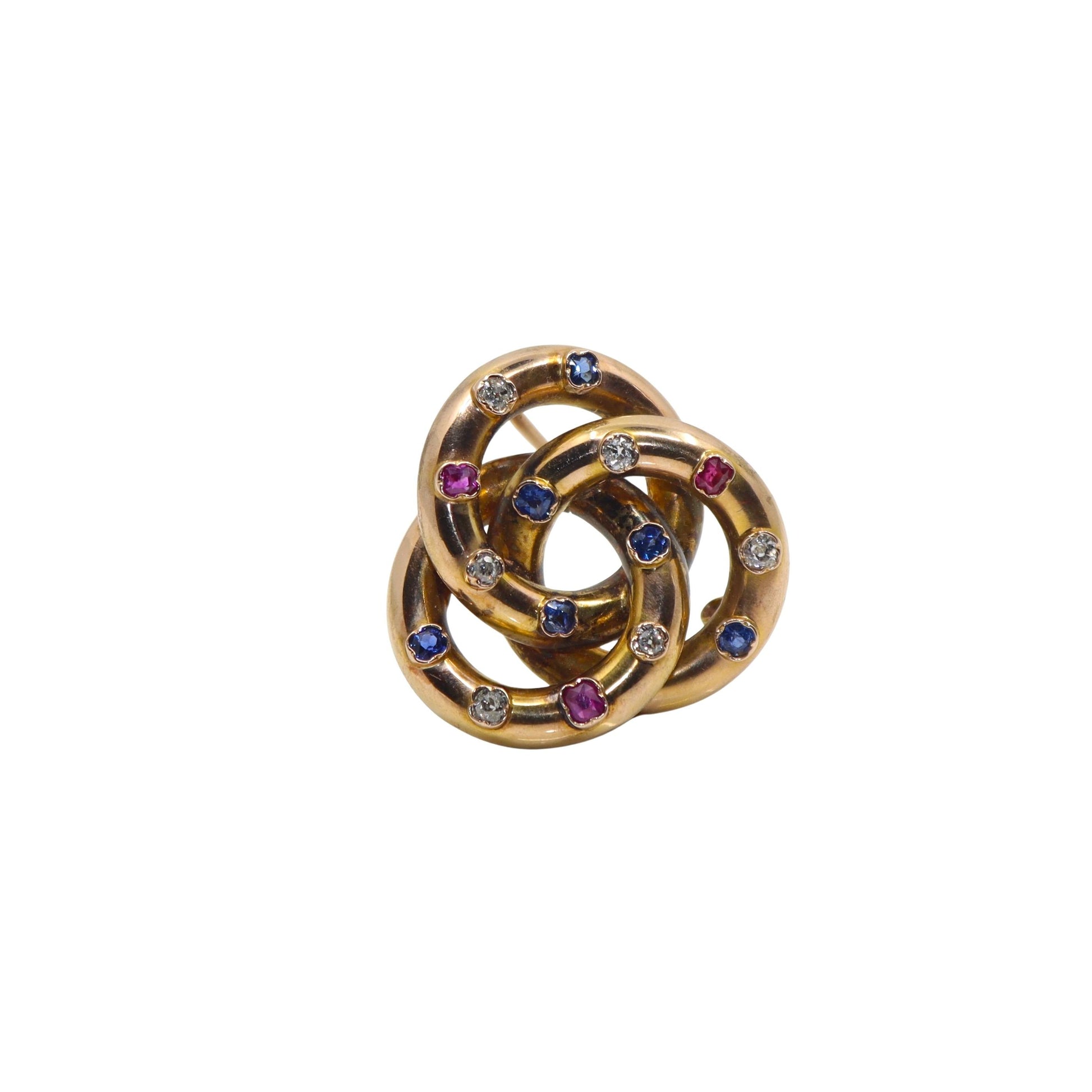 VICTORIAN 14K GOLD RUBY, SAPPHIRE AND DIAMOND TRINITY KNOT BROOCH