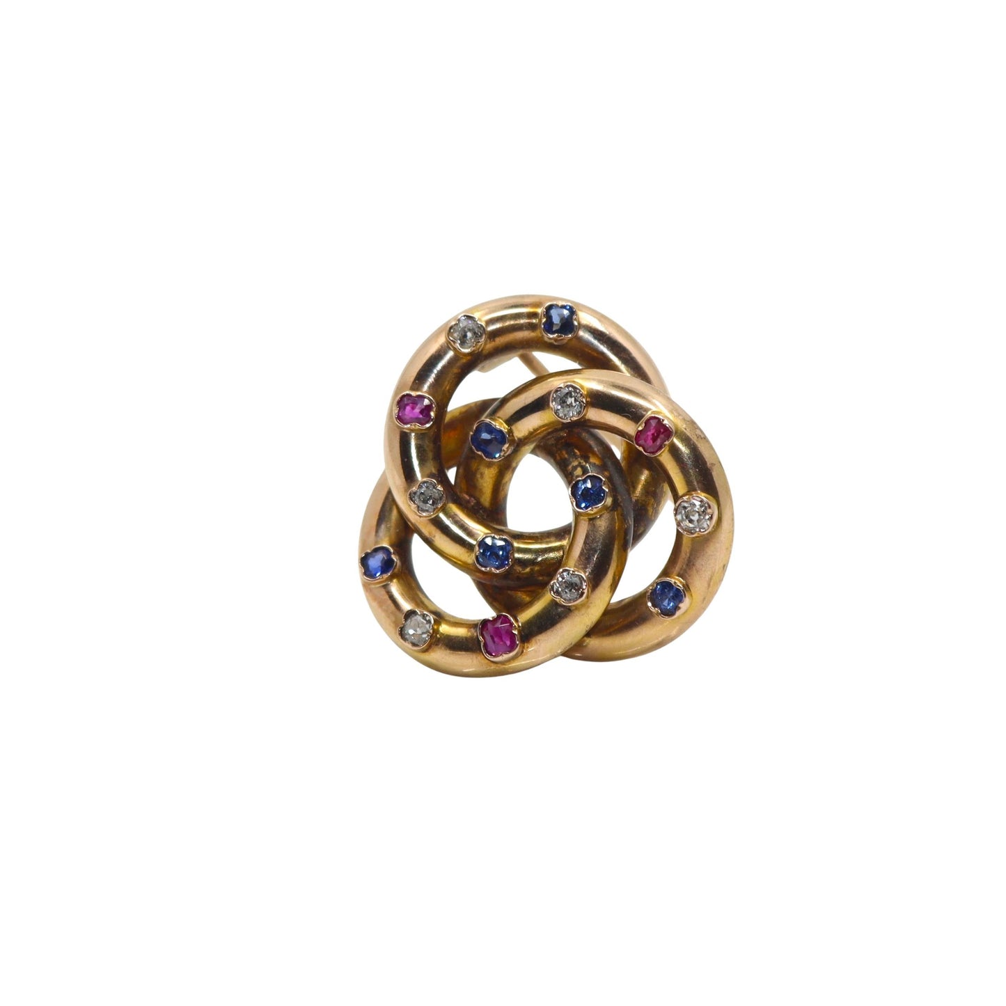 VICTORIAN 14K GOLD RUBY, SAPPHIRE AND DIAMOND TRINITY KNOT BROOCH