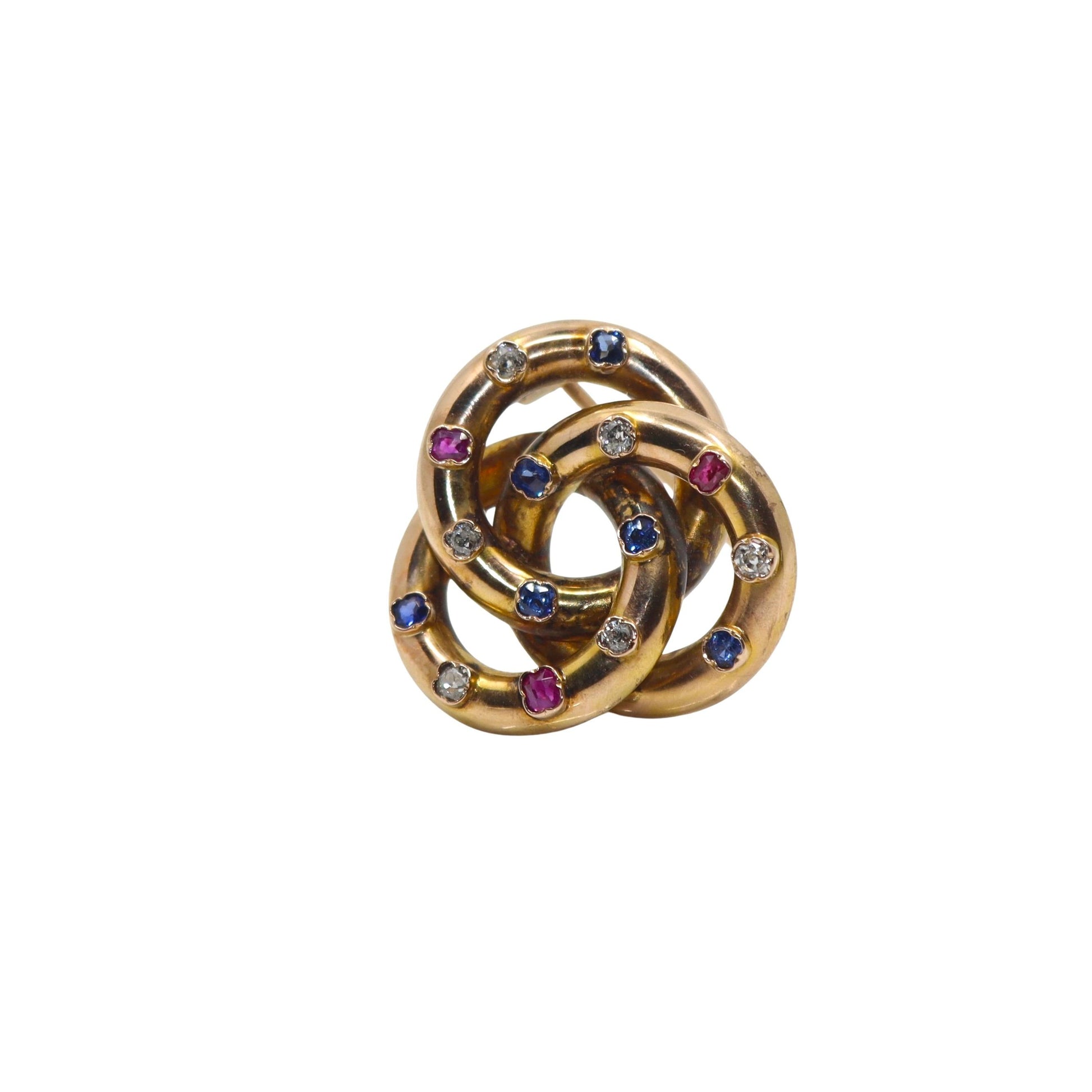 VICTORIAN 14K GOLD RUBY, SAPPHIRE AND DIAMOND TRINITY KNOT BROOCH