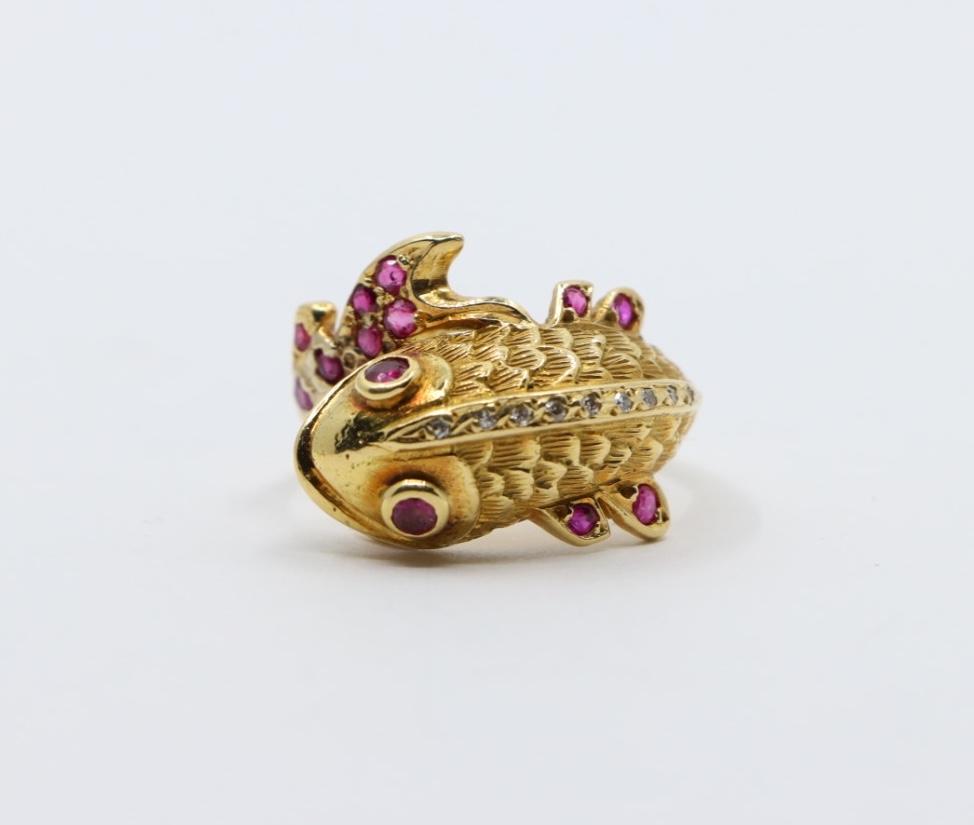 14K Gold Ruby Diamond Fish Ring