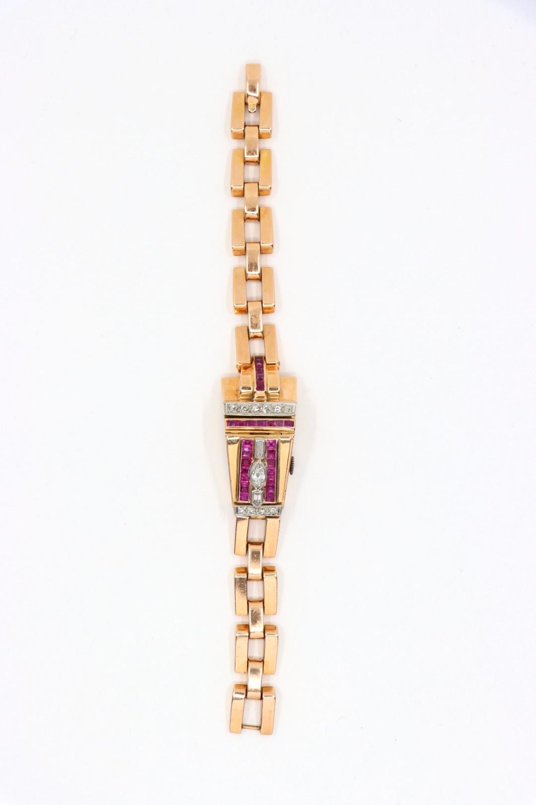 Retro 14K Rose Gold Ruby Diamonds Bracelet Watch