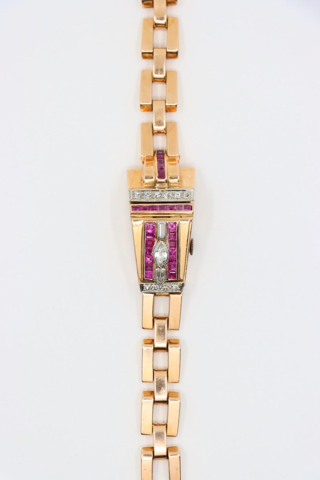 Retro 14K Rose Gold Ruby Diamonds Bracelet Watch