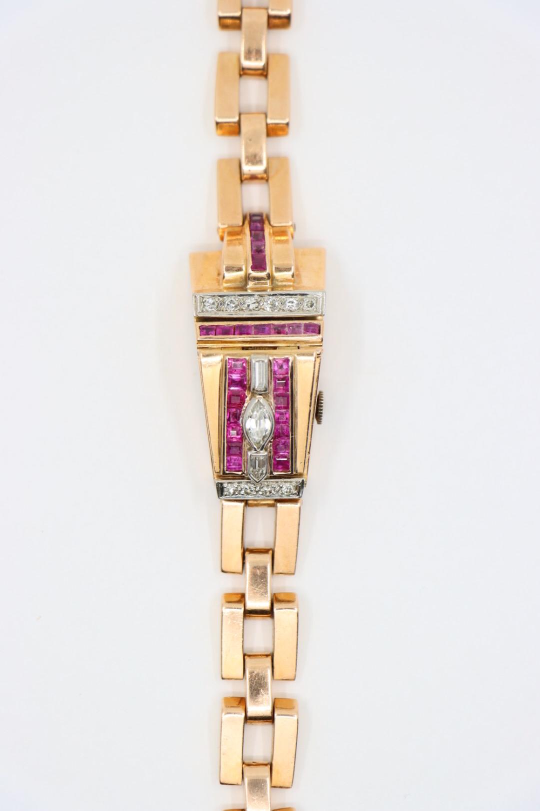 Retro 14K Rose Gold Ruby Diamonds Bracelet Watch