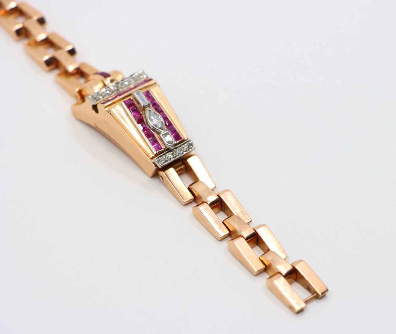 Retro 14K Rose Gold Ruby Diamonds Bracelet Watch