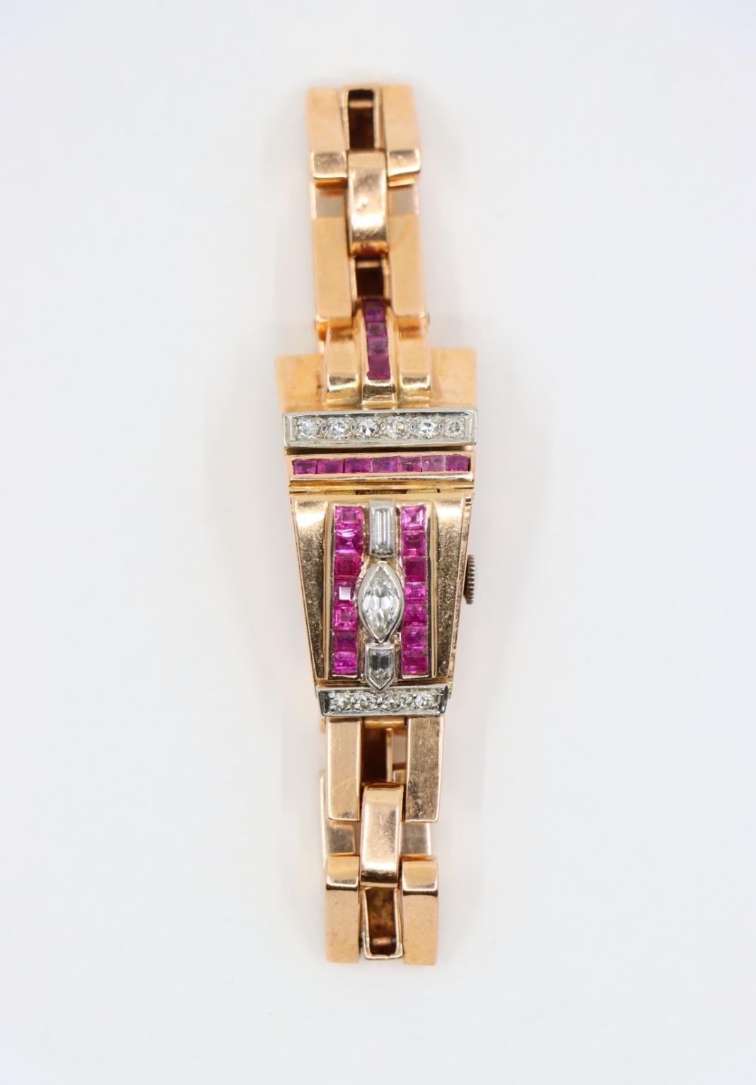 Retro 14K Rose Gold Ruby Diamonds Bracelet Watch