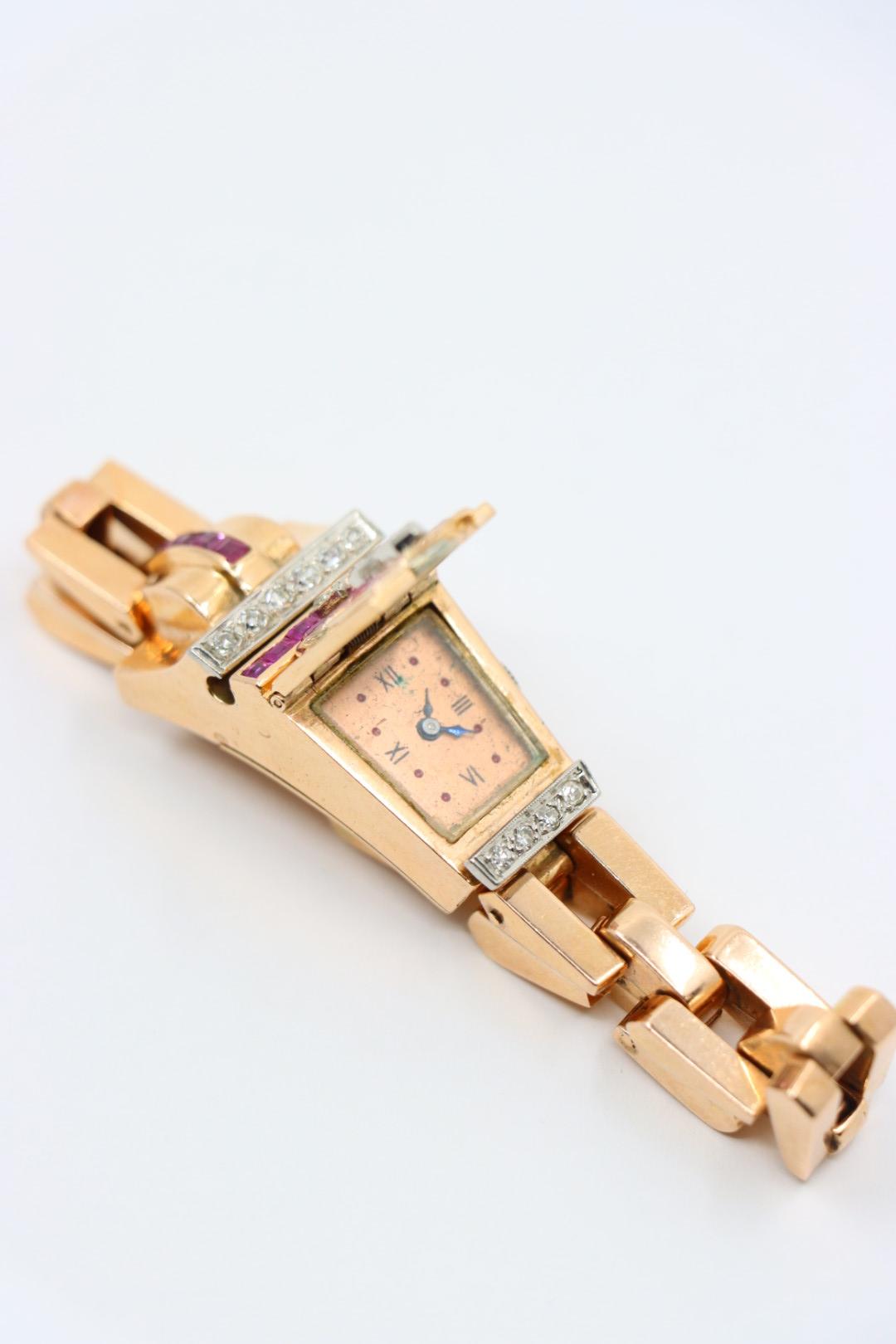 Retro 14K Rose Gold Ruby Diamonds Bracelet Watch