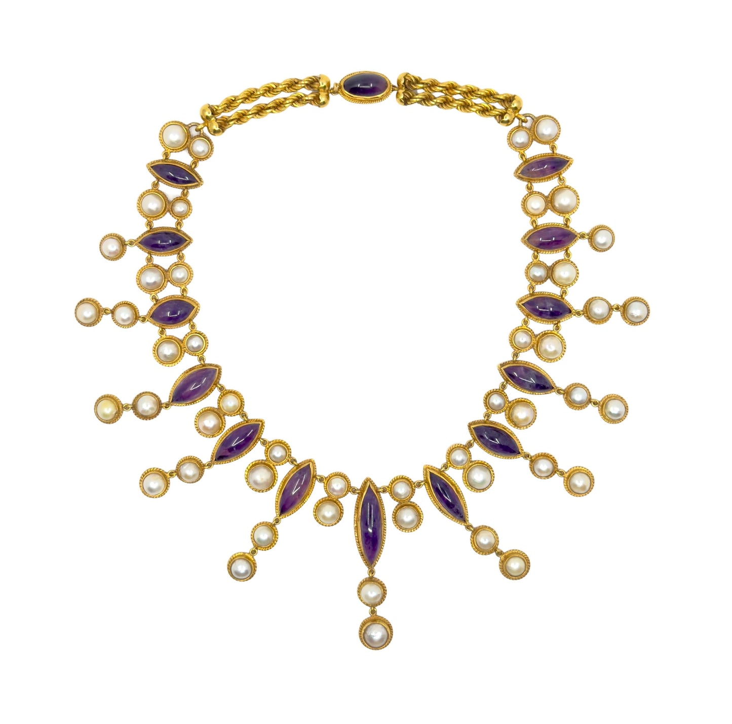 Vintage 18K Yellow Gold Amethyst & Pearl Fringe Bib Necklace