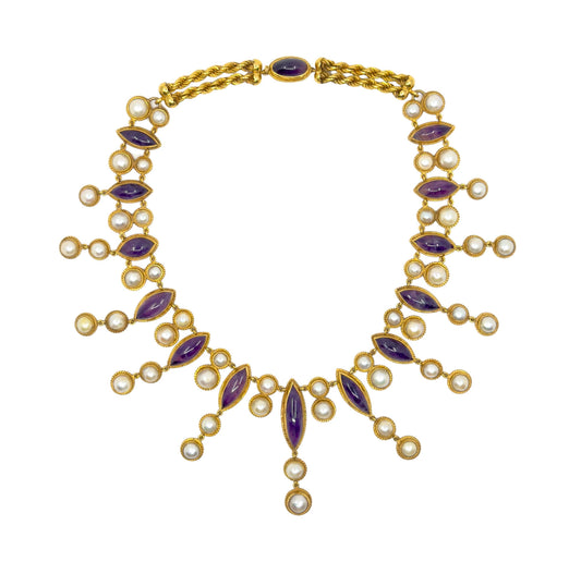 Vintage 18K Yellow Gold Amethyst & Pearl Fringe Bib Necklace