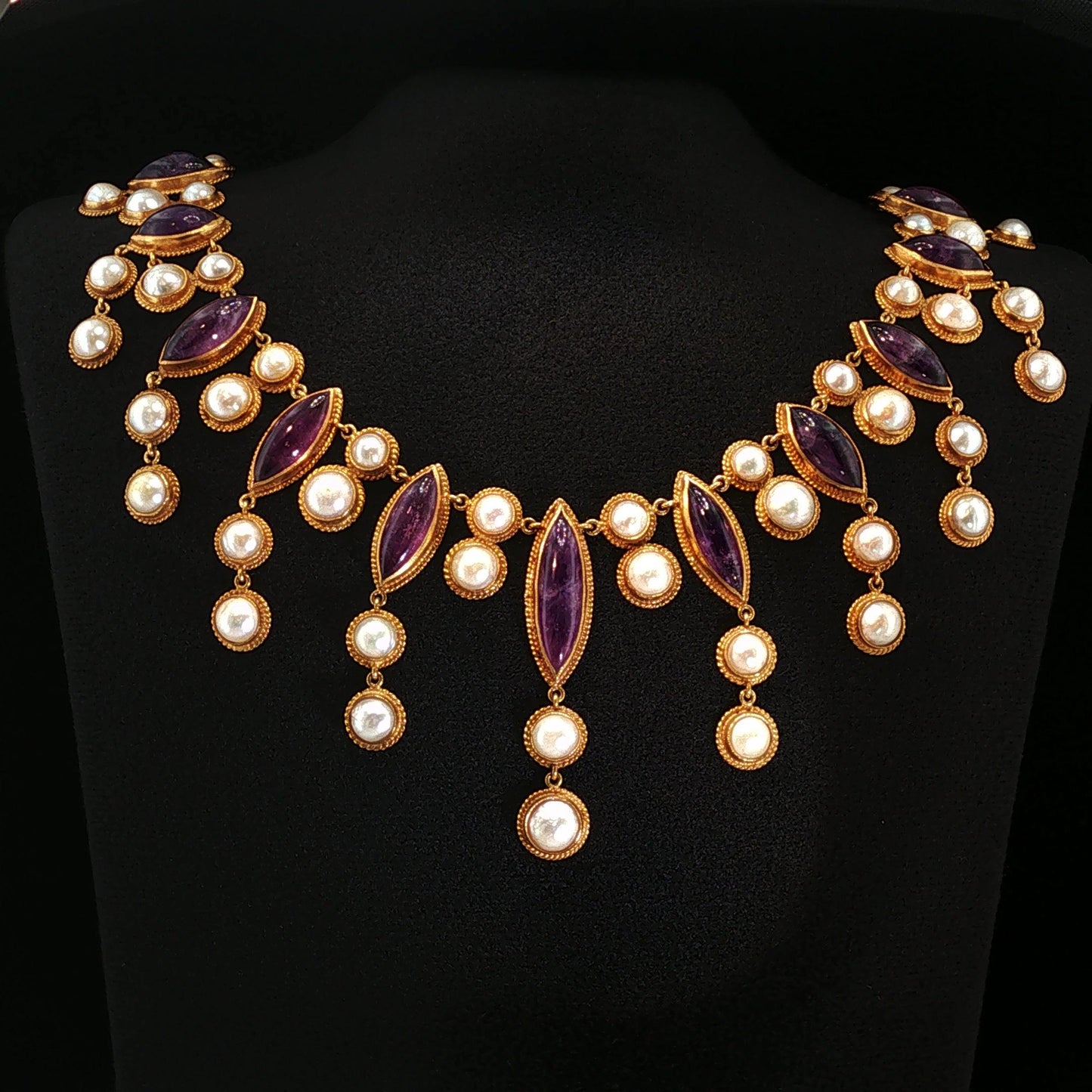 Vintage 18K Yellow Gold Amethyst & Pearl Fringe Bib Necklace
