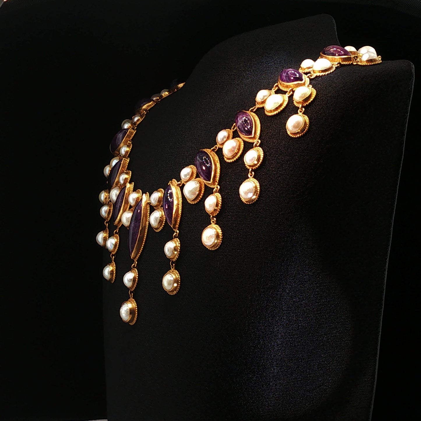 Vintage 18K Yellow Gold Amethyst & Pearl Fringe Bib Necklace