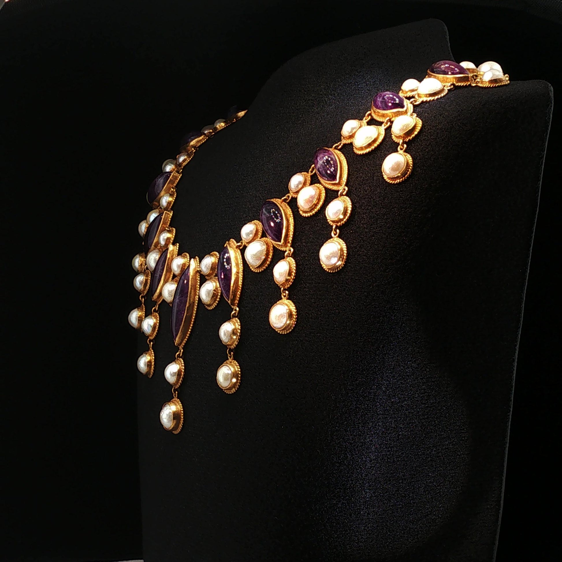 Vintage 18K Yellow Gold Amethyst & Pearl Fringe Bib Necklace