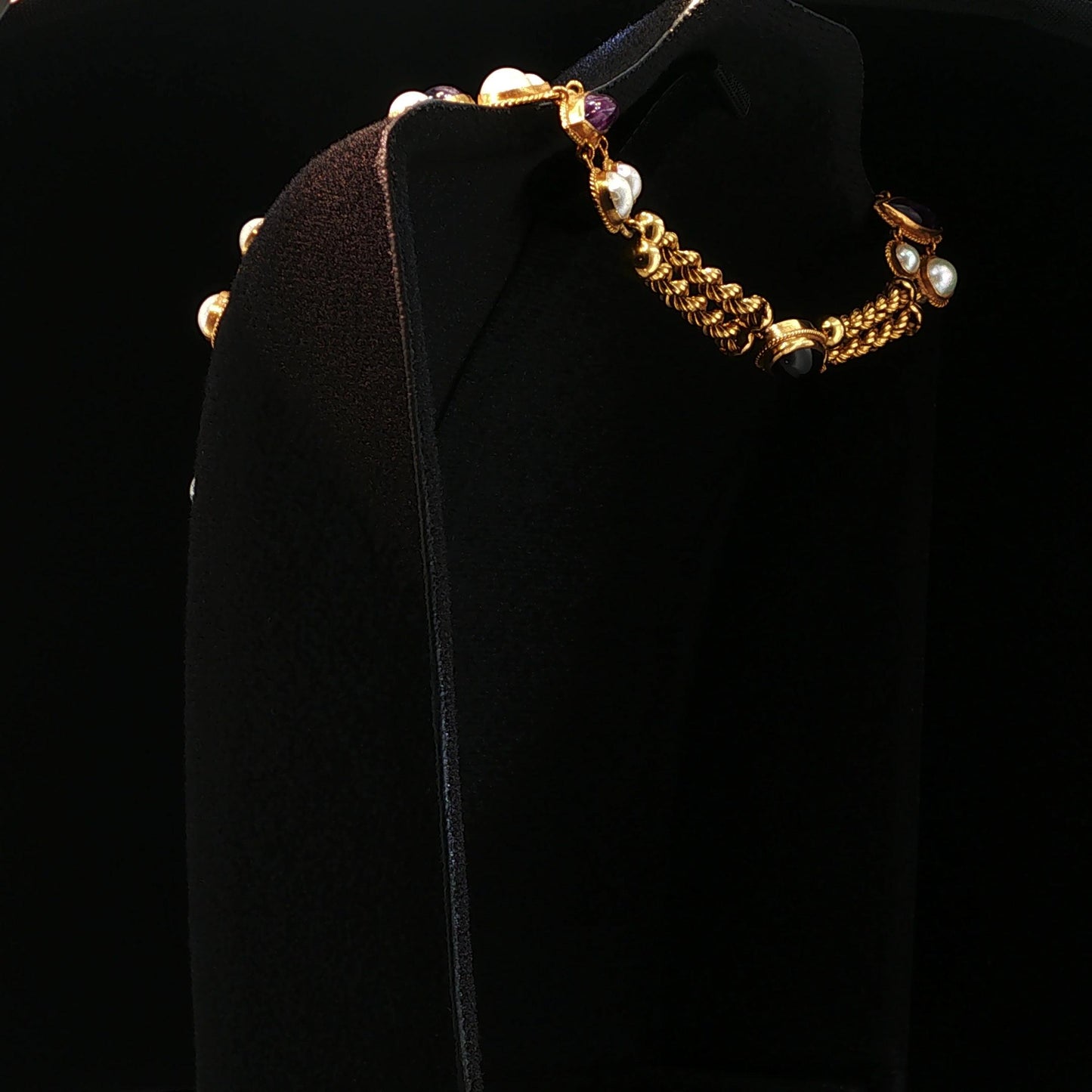 Vintage 18K Yellow Gold Amethyst & Pearl Fringe Bib Necklace