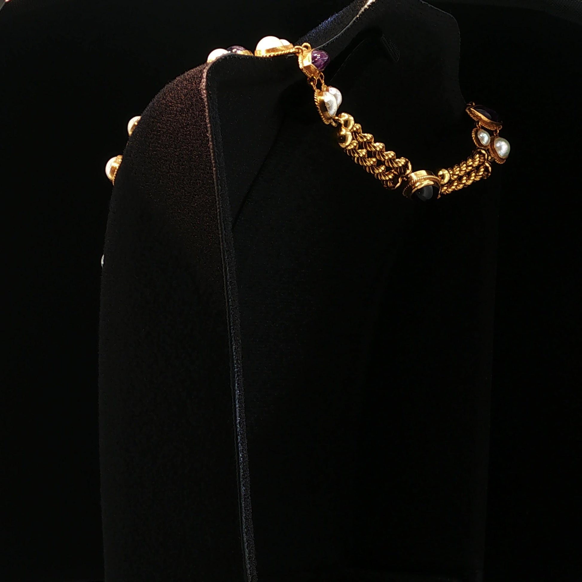 Vintage 18K Yellow Gold Amethyst & Pearl Fringe Bib Necklace
