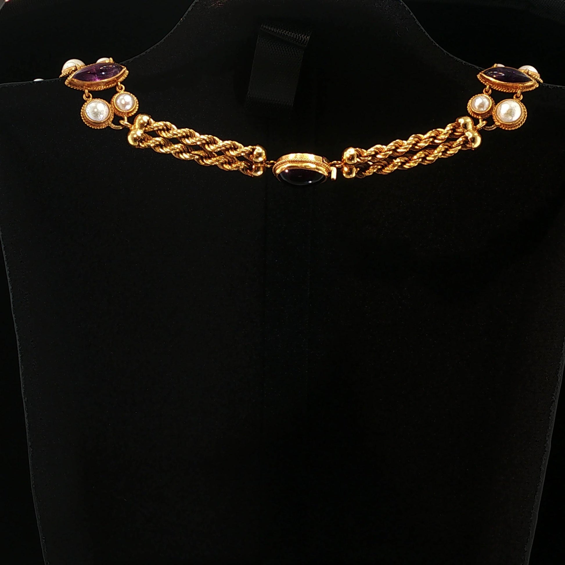 Vintage 18K Yellow Gold Amethyst & Pearl Fringe Bib Necklace