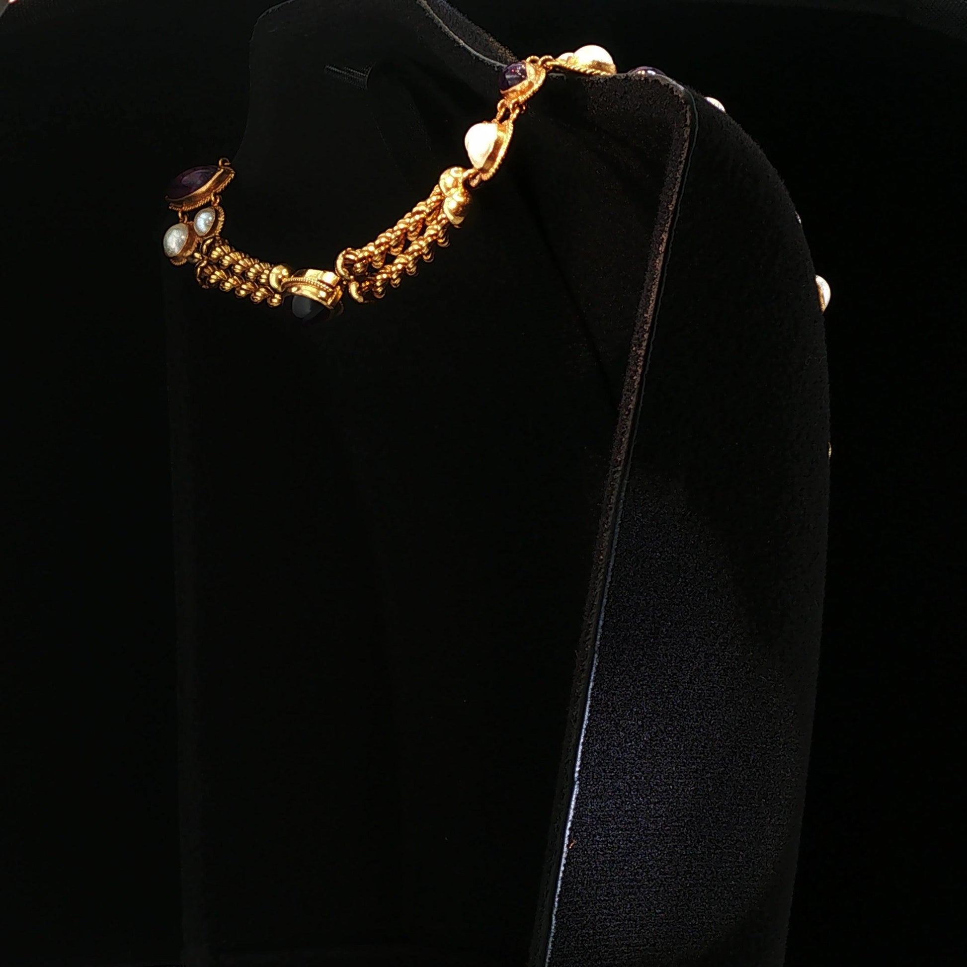 Vintage 18K Yellow Gold Amethyst & Pearl Fringe Bib Necklace