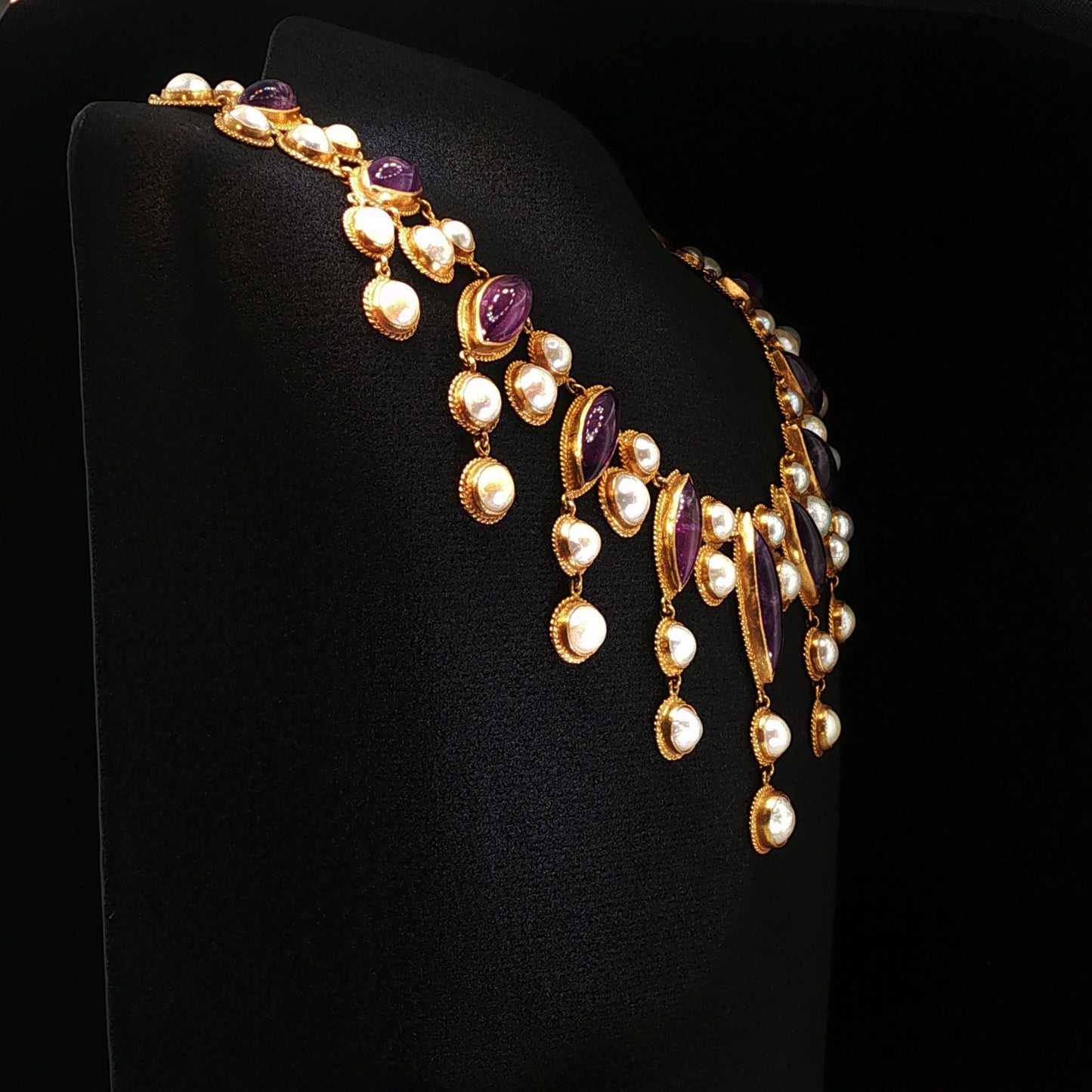 Vintage 18K Yellow Gold Amethyst & Pearl Fringe Bib Necklace