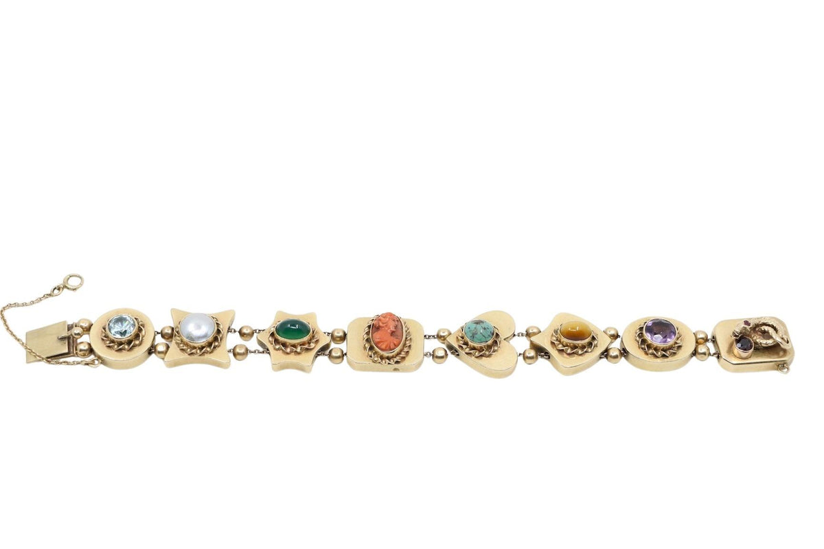 14K Gold Victorian Revival Multi-gemstone Slide Bracelet