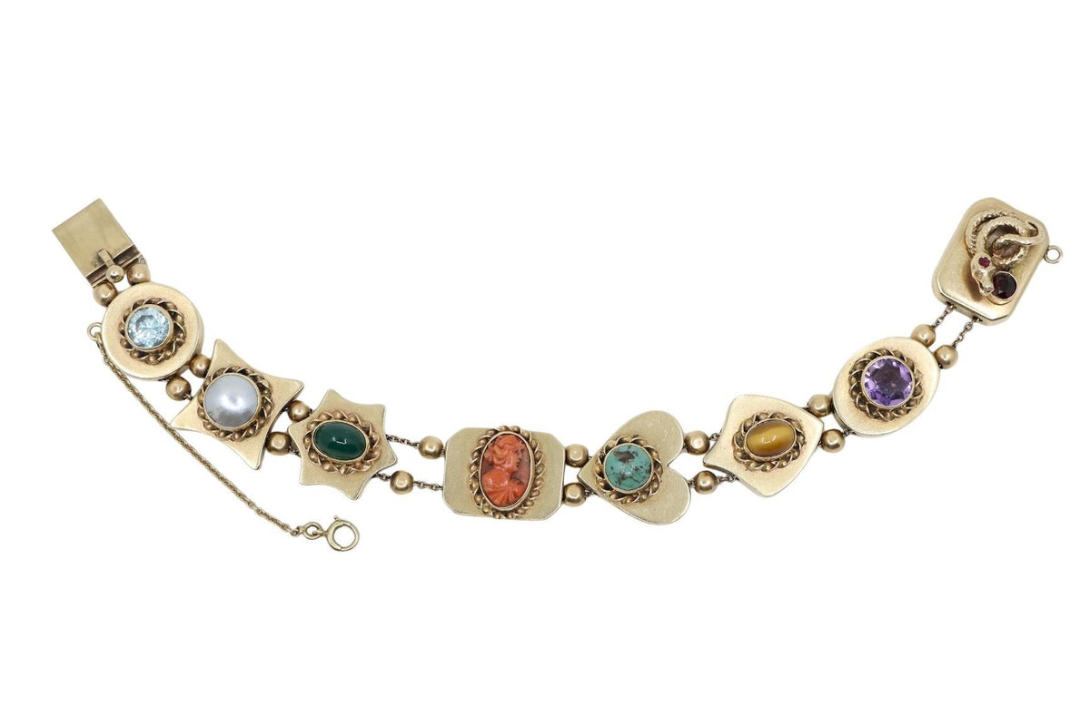 14K Gold Victorian Revival Multi-gemstone Slide Bracelet