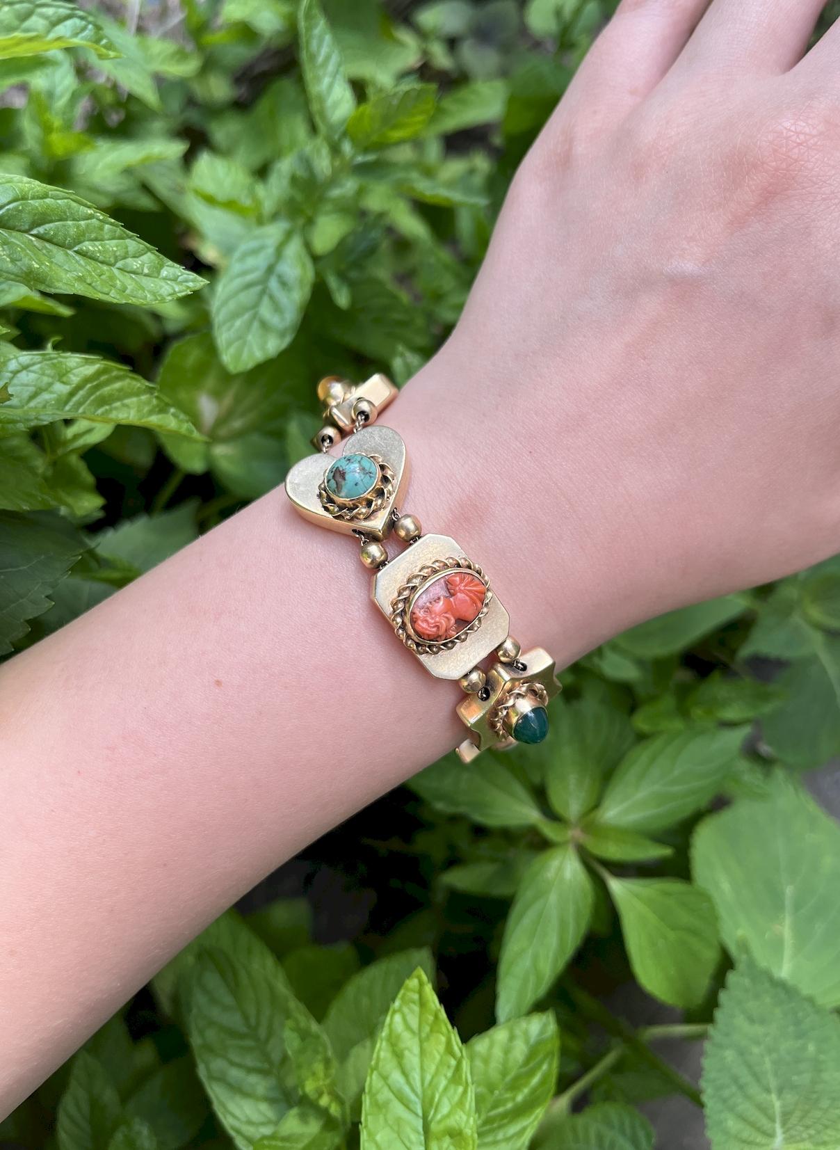 14K Gold Victorian Revival Multi-gemstone Slide Bracelet