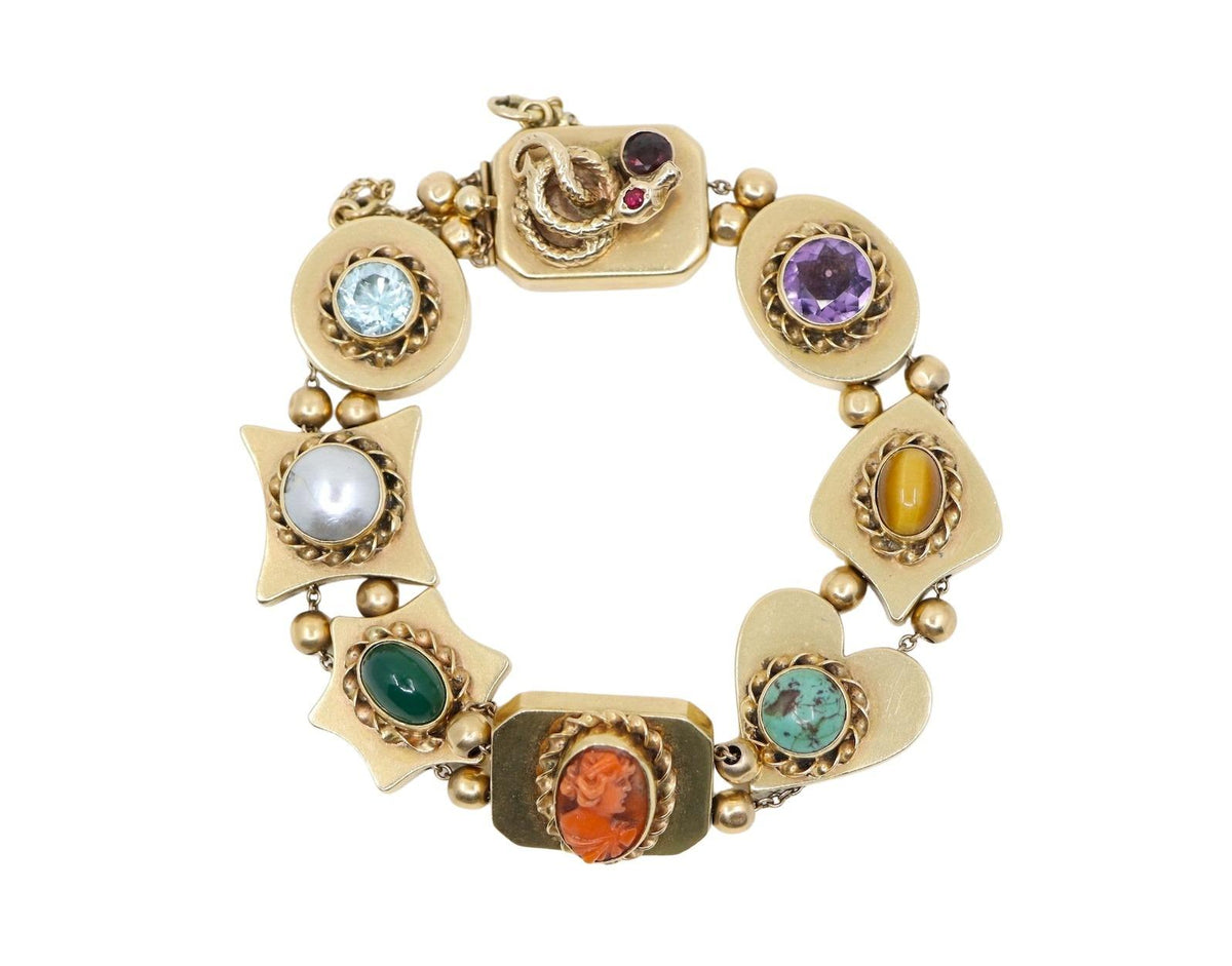 14K Gold Victorian Revival Multi-gemstone Slide Bracelet
