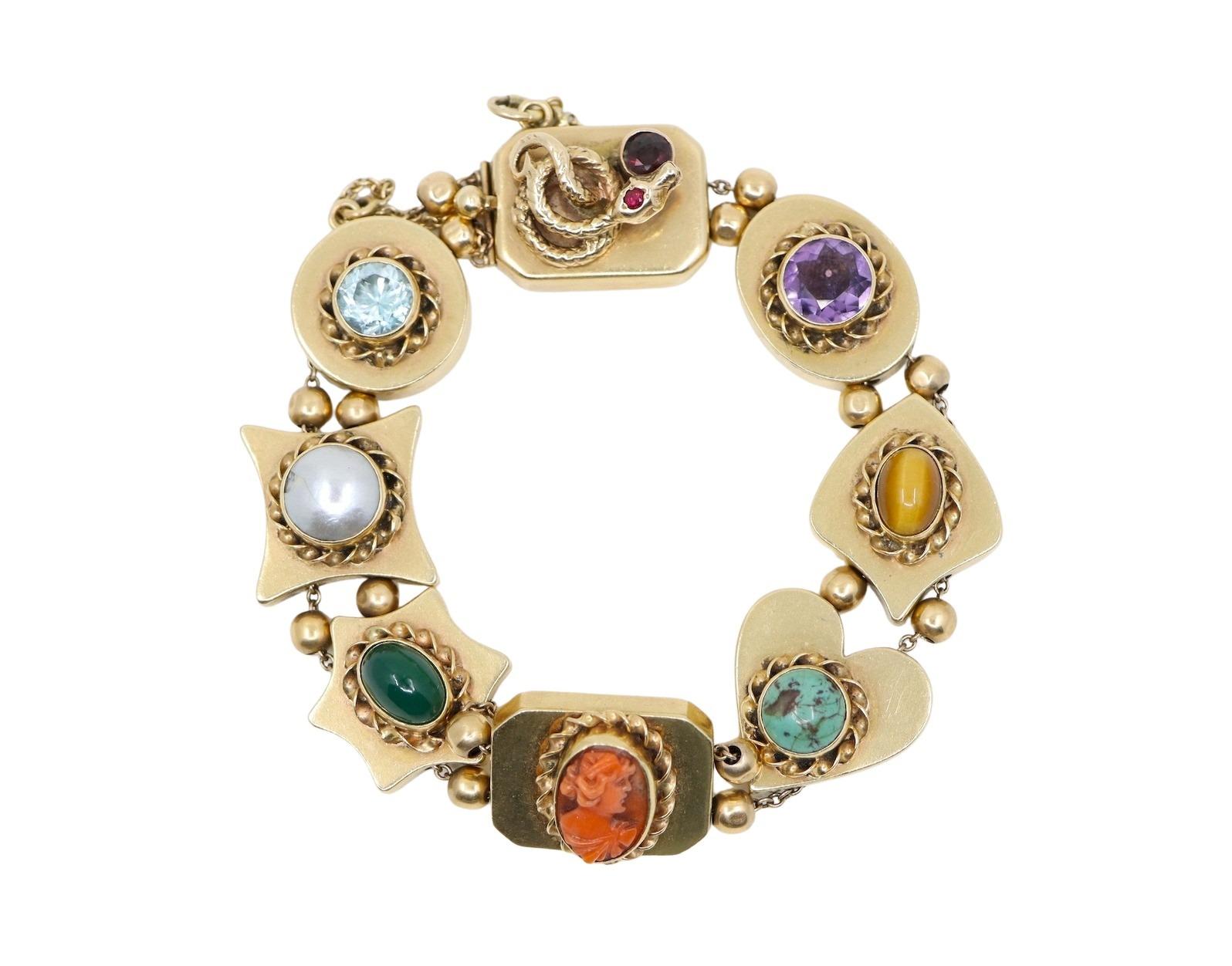 14K Gold Victorian Revival Multi-gemstone Slide Bracelet