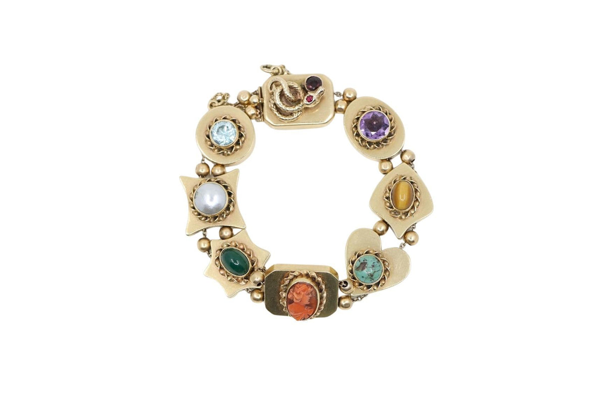 14K Gold Victorian Revival Multi-gemstone Slide Bracelet