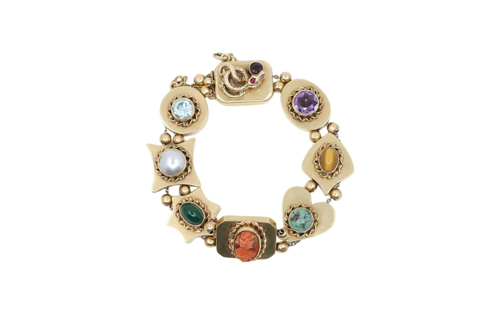 14K Gold Victorian Revival Multi-gemstone Slide Bracelet