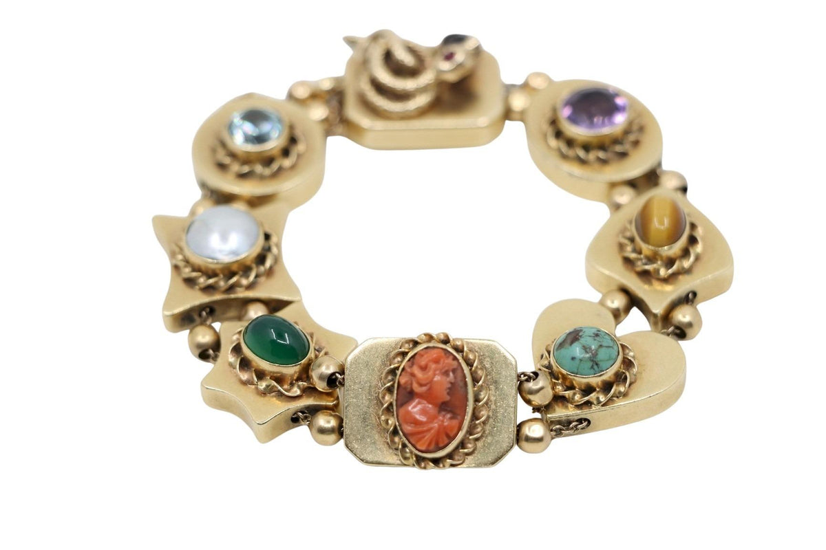 14K Gold Victorian Revival Multi-gemstone Slide Bracelet