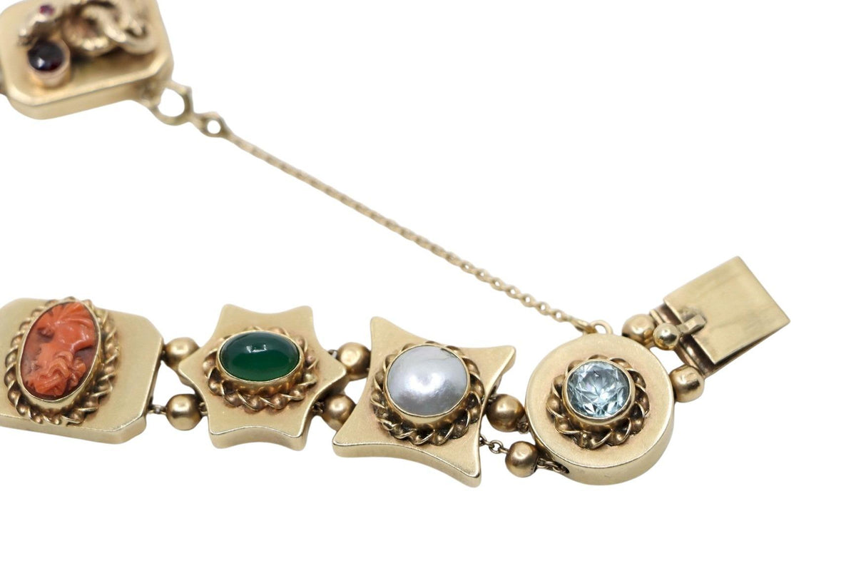14K Gold Victorian Revival Multi-gemstone Slide Bracelet
