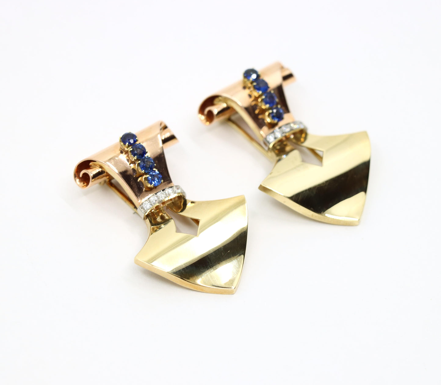 Retro 14K Gold, Sapphire & Diamond Double Clip Brooch