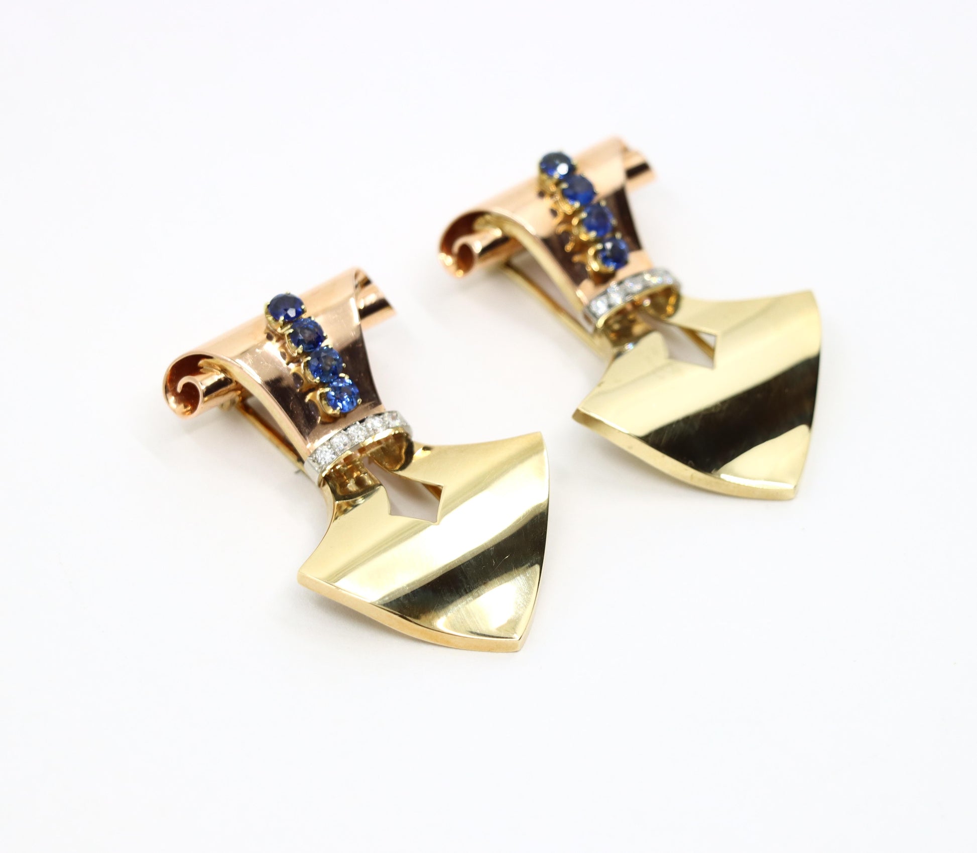 Retro 14K Gold, Sapphire & Diamond Double Clip Brooch