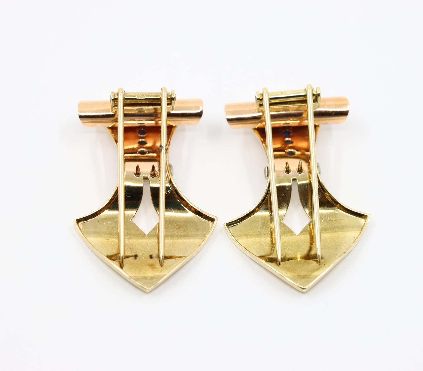 Retro 14K Gold, Sapphire & Diamond Double Clip Brooch
