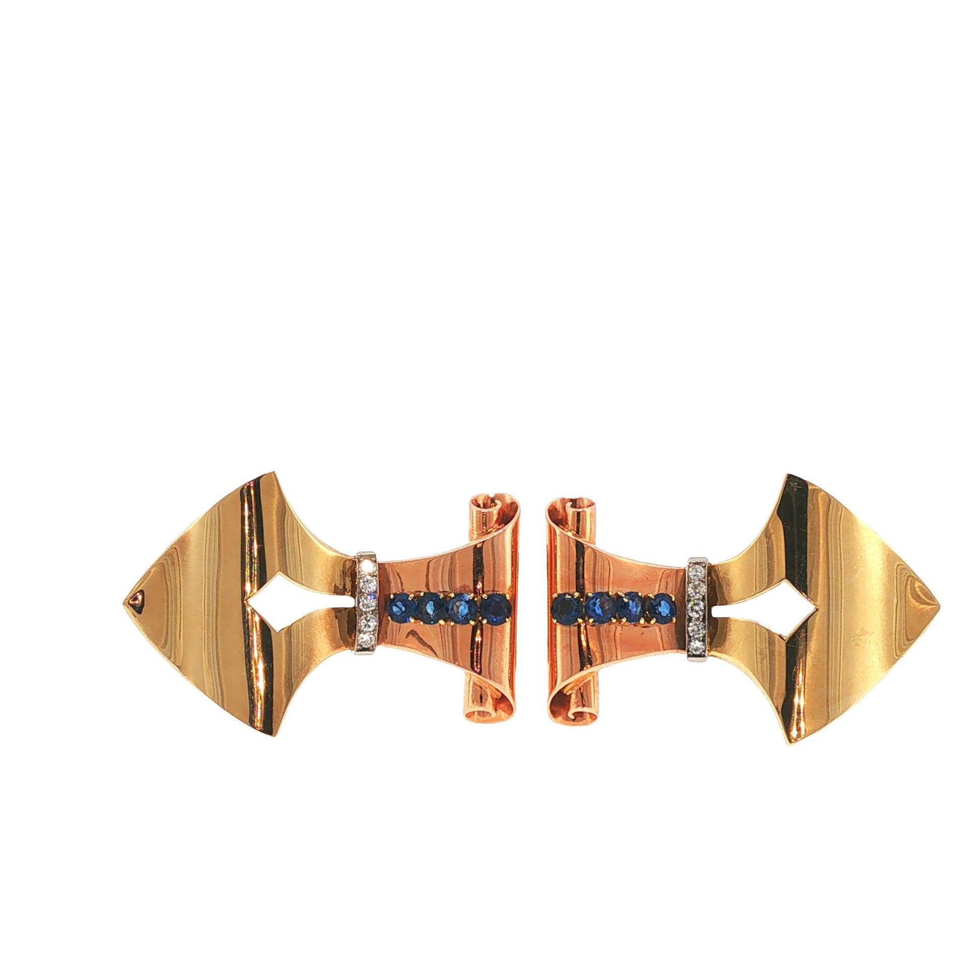 Retro 14K Gold, Sapphire & Diamond Double Clip Brooch
