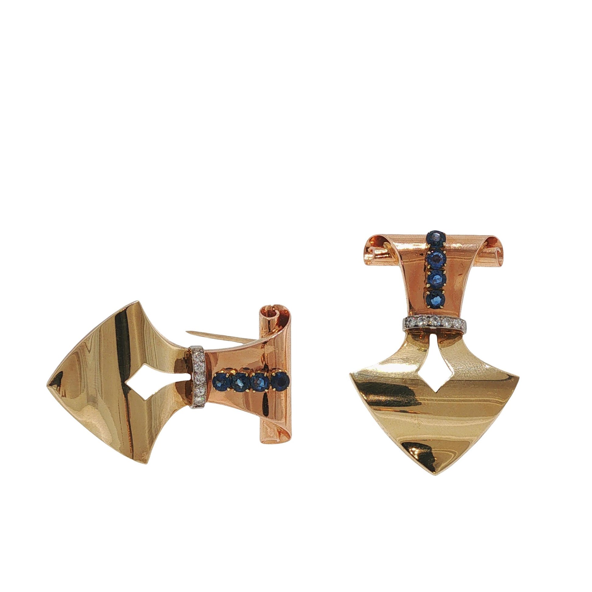Retro 14K Gold, Sapphire & Diamond Double Clip Brooch