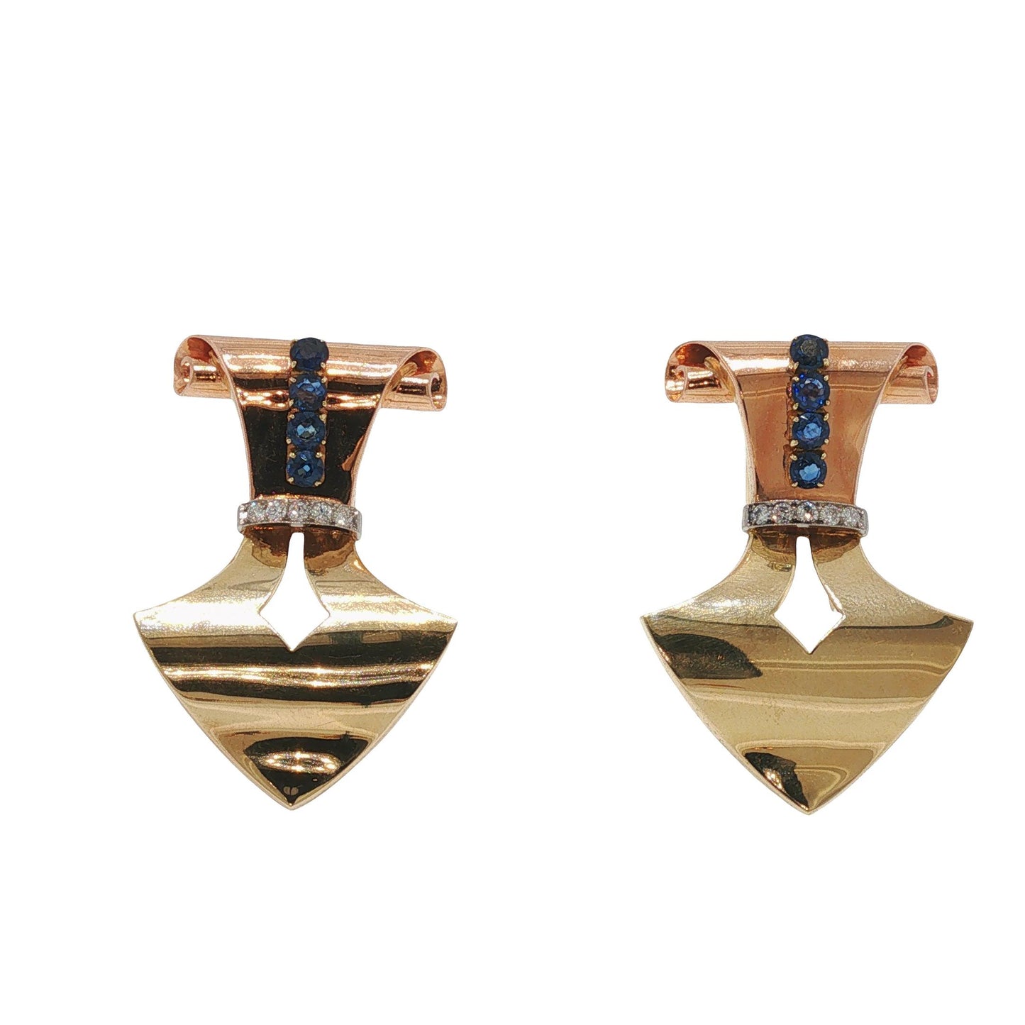 Retro 14K Gold, Sapphire & Diamond Double Clip Brooch