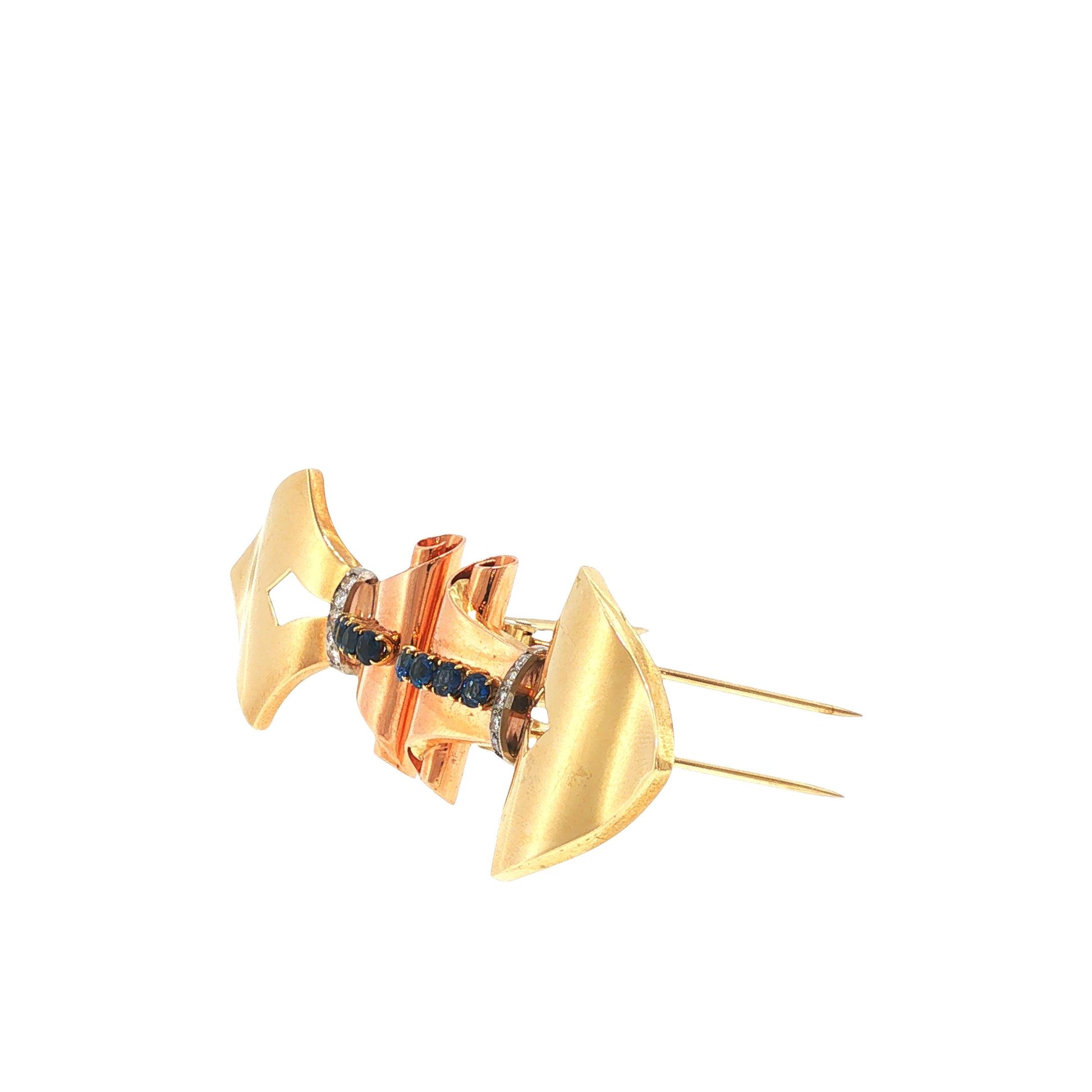 Retro 14K Gold, Sapphire & Diamond Double Clip Brooch