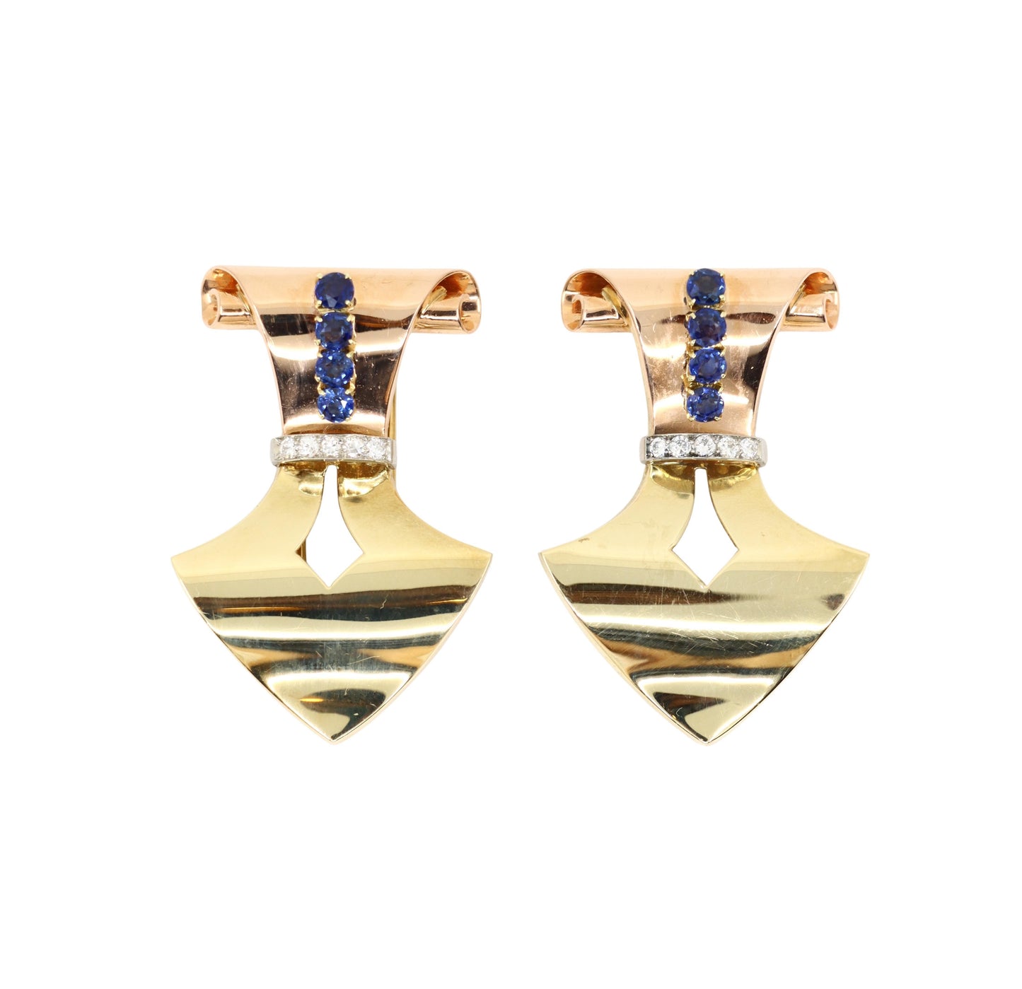 Retro 14K Gold, Sapphire & Diamond Double Clip Brooch