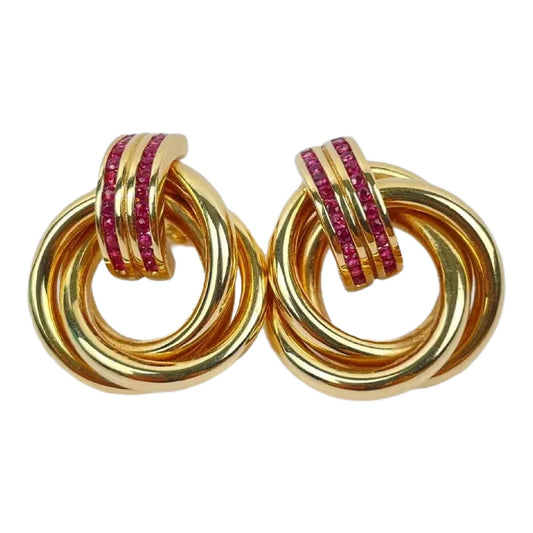 Vintage Pair of 14k Gold Ruby Trinity Loop Earrings