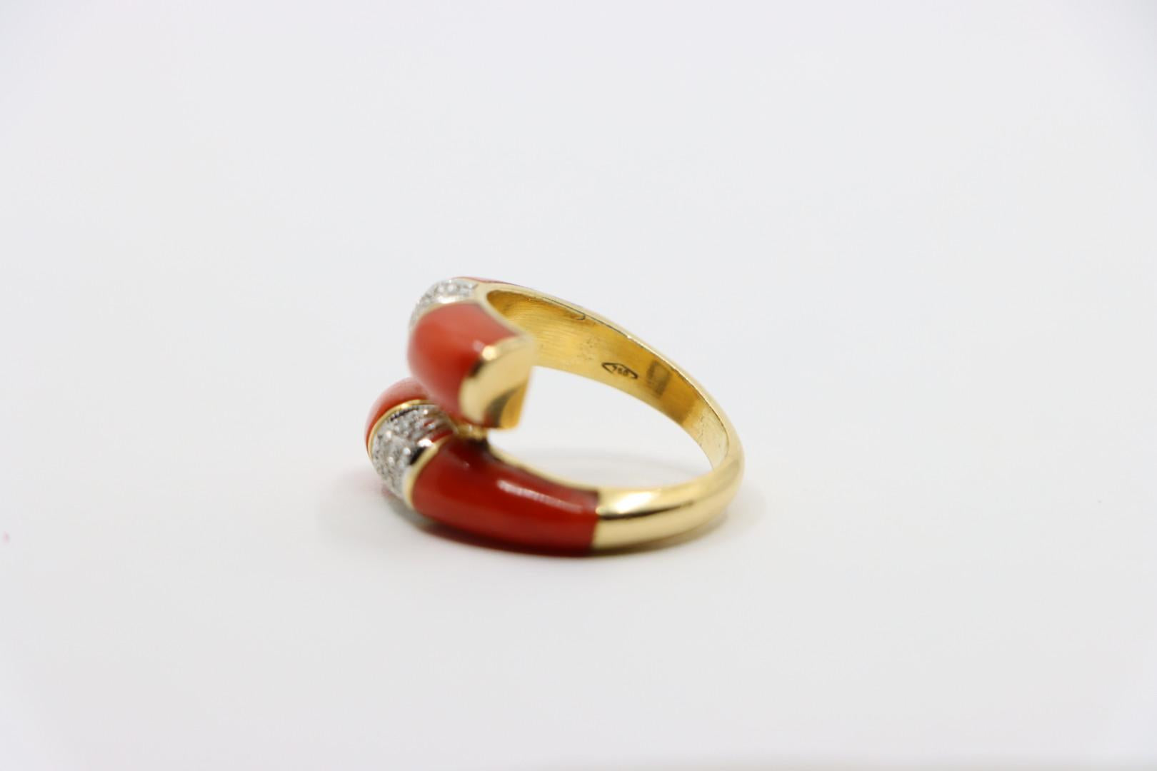 18K Gold Coral Diamonds Ring Bypass Ring