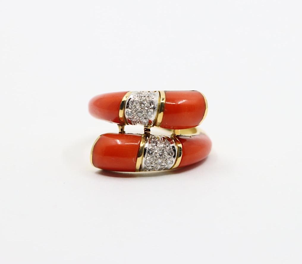 18K Gold Coral Diamonds Ring Bypass Ring